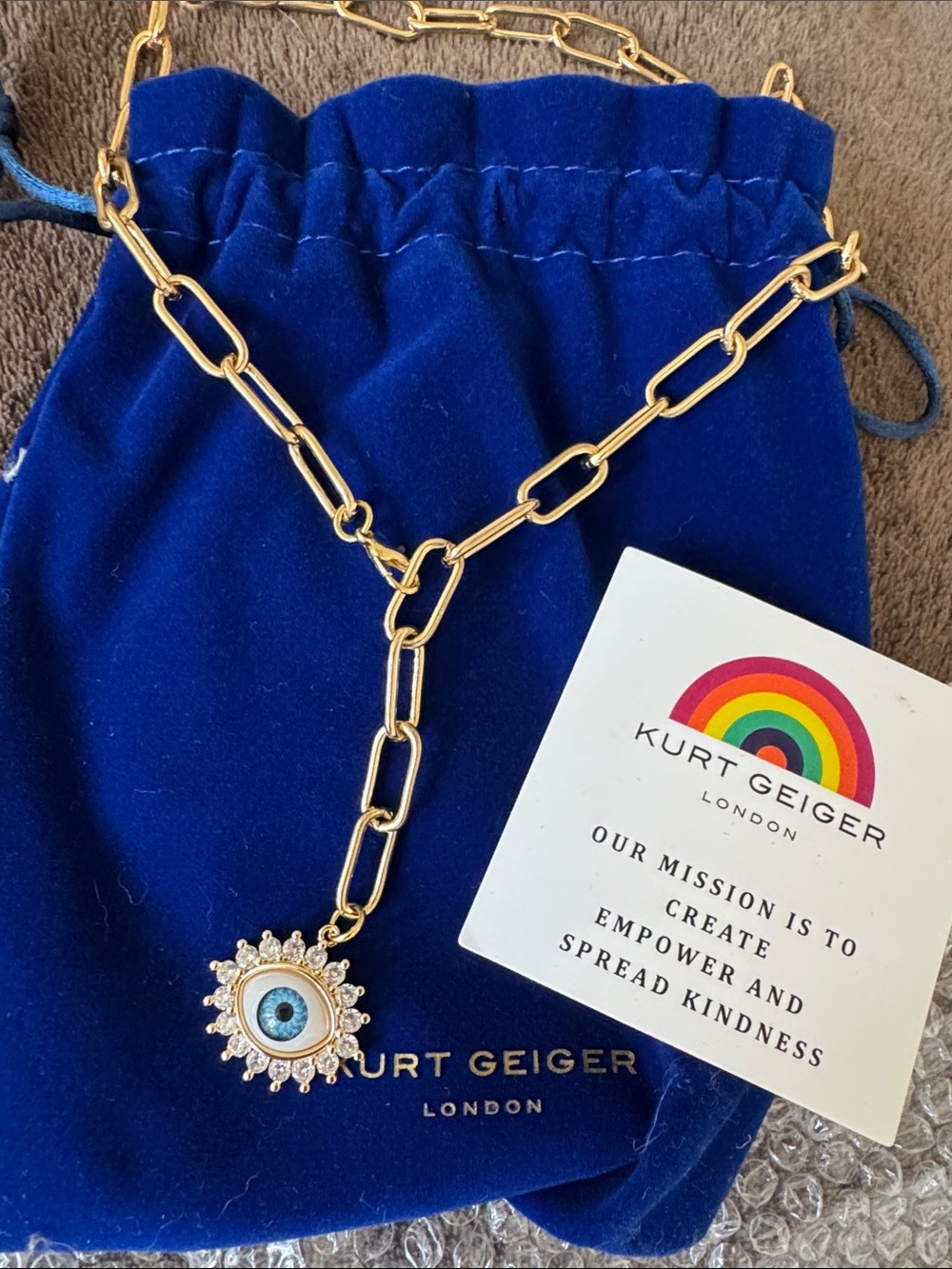 Kurt Geiger Gold-Tone Chain Necklace with Blue Evil Eye Charm NEW WITH BAG